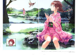 Rule 34 | 1girl, bird, brown hair, japanese clothes, kimono, nature, outdoors, partially submerged, river, sitting, soaking feet, tiv, water