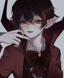 Rule 34 | 1boy, black hair, black vest, bow, bowtie, brooch, coat, collared shirt, fingernails, frown, highres, jewelry, library of ruina, long sleeves, looking at viewer, male focus, moth ram, multicolored hair, nosferatu (project moon), open mouth, pointy ears, project moon, red bow, red bowtie, red coat, red eyes, red hair, sharp fingernails, shirt, solo, streaked hair, upper body, vampire, vest, white shirt