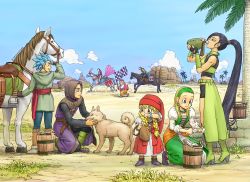 Rule 34 | bead necklace, beads, blonde hair, blue eyes, blue hair, blue sky, bracelet, braid, brown hair, bucket, camus (dq11), cloud, dog, dragon quest, dragon quest xi, dress, drinking, earrings, facial hair, fingerless gloves, gloves, grass, green footwear, greig (dq11), hairband, hat, hero (dq11), highres, horse, horseback riding, jewelry, kneeling, long hair, martina (dq11), mustache, necklace, palm tree, ponytail, puffy sleeves, purple eyes, red headwear, riding, row (dq11), senya (dq11), shinobibe himika, short shorts, shorts, sky, spiked hair, square enix, sylvia (dq11), tree, twin braids, veronica (dq11), white hair