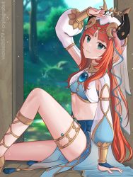 Rule 34 | 1girl, arm up, blue eyes, blue skirt, blue sky, breasts, brooch, commentary, crop top, day, genshin impact, highres, horns, jewelry, knee up, long hair, long sleeves, looking at viewer, midriff, nilou (genshin impact), red hair, sitting, skirt, sky, small breasts, smile, solo, stomach, thighlet, veil, very long hair, vickie (cryingrobot)