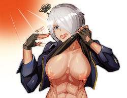 Rule 34 | 1girl, abs, angel (kof), blush, breasts, clothes lift, collarbone, cropped jacket, fanning, fanning self, fingerless gloves, ghgnvm, gloves, highres, hot, jacket, large breasts, leather, leather jacket, lifted by self, muscular, muscular female, navel, nipples, no bra, shirt, shirt lift, snk, sweat, the king of fighters, the king of fighters xiv, the king of fighters xv, toned, undressing, white hair