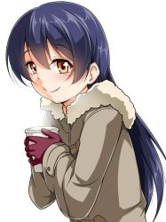 Rule 34 | 1girl, blue hair, brown coat, closed mouth, coat, cup, gloves, highres, holding, holding cup, long hair, love live!, love live! school idol festival, love live! school idol project, simple background, smile, solo, sonoda umi, white background, winter clothes, winter coat, yellow eyes, yopparai oni