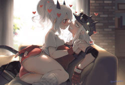 Rule 34 | 2girls, absurdres, ass, bare shoulders, black horns, blind, blush, breasts, commentary request, couch, demon girl, demon horns, demon tail, elbow pads, eye contact, eyewear on head, face-to-face, fingerless gloves, flower, girl on top, gloves, grey eyes, grey hair, grin, hand on another&#039;s ass, hand on another&#039;s shoulder, hat, heart, heart-shaped pupils, helltaker, highres, horns, horns through headwear, indoors, justice (helltaker), long hair, looking at another, medium breasts, modeus (helltaker), multiple girls, noah (tettsui-sole), official alternate costume, ponytail, pussy, pussy peek, red eyes, red gloves, red shirt, shirt, short shorts, short sleeves, shorts, sitting, smile, sparkle, sportswear, sunglasses, sweat, symbol-shaped pupils, tail, teeth, underwear, white hair, white shirt, yellow flower, yuri