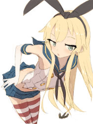 Rule 34 | 1girl, alchera, ass, bad id, bad twitter id, black hairband, black neckerchief, blonde hair, blue sailor collar, blue skirt, butt crack, crop top, elbow gloves, gloves, grey eyes, hairband, kantai collection, leaning forward, long hair, looking at viewer, microskirt, miniskirt, neckerchief, pleated skirt, sailor collar, shimakaze (kancolle), simple background, skirt, solo, standing, striped clothes, striped thighhighs, thighhighs, white background, white gloves