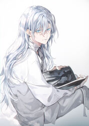 Rule 34 | 1boy, bandaged arm, bandaged neck, bandages, bishounen, blue eyes, book, floating, hair between eyes, holding, holding book, i became a god in a horror game, long hair, long sleeves, looking at another, male focus, shirt, sitting, solo, tavel, very long hair, white background, white hair, white shirt, zaphylla