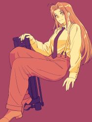 Rule 34 | 1girl, ahoge, closed mouth, collared shirt, full body, gun, hair intakes, highres, long hair, long sleeves, looking at viewer, milly thompson, necktie, pants, pink background, shirt, simple background, sitting, smile, solo, suspenders, trigun, weapon, yuccoshi