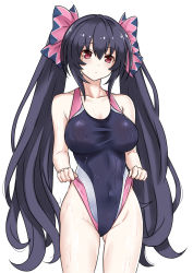 Rule 34 | 1girl, alternate breast size, bare shoulders, black hair, breasts, cleavage, competition swimsuit, hair between eyes, highres, long hair, medium breasts, neptune (series), noire (neptunia), one-piece swimsuit, red eyes, ribbon, simple background, skin tight, solo, swimsuit, thighs, tsundere, twintails, very long hair, wet, wet hair, white background, zatsu