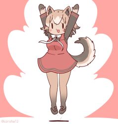 Rule 34 | 1girl, animal ears, arms up, bow, bowtie, brown hair, coroha, dog ears, dog girl, dog tail, dress, extra ears, full body, gloves, jumping, kemono friends, kemono friends 3, looking at viewer, new guinea highland wild dog (kemono friends), pantyhose, pink background, shirt, shoes, short hair, simple background, solo, tail