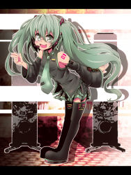 Rule 34 | 1girl, aqua eyes, aqua hair, bespectacled, detached sleeves, fang, female focus, full body, glasses, hatsune miku, headphones, headset, letterboxed, long hair, necktie, skirt, smile, solo, tanashi (mk2), thighhighs, twintails, very long hair, vocaloid, zettai ryouiki