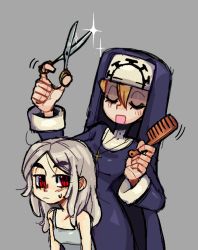 Rule 34 | 2girls, alternate hairstyle, behind another, blonde hair, bloody marie (skullgirls), closed eyes, comb, cross, cross necklace, double (skullgirls), grey background, grey hair, hair down, jewelry, mercysstrap, multiple girls, necklace, nun, open mouth, red eyes, scissors, skullgirls, smile, sweatdrop, tank top, upper body