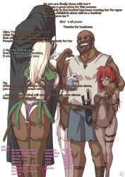 Rule 34 | 2boys, 3girls, armor, bdsm, belly piercing, bikini, blonde hair, bondage, boots, bound, breasts, bridal gauntlets, cloak, collar, dark-skinned female, dark skin, disembodied limb, ear piercing, elf, english text, feather hair ornament, hair ornament, highres, knife, large breasts, living clothes, long hair, mind break, mind control, multiple boys, multiple girls, nipple piercing, nipple rings, object insertion, original, piercing, pink eyes, pointy ears, pregnant, pubic tattoo, pussy juice, red eyes, red hair, sex slave, slave, solinda (yakou), stats, swimsuit, sword, tattoo, thigh boots, thong bikini, translated, urethral insertion, vaginal, vaginal object insertion, weapon, white tunic, yakou (4507770)