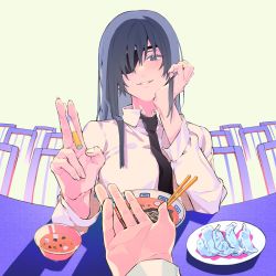 Rule 34 | 1boy, 1girl, absurdres, between fingers, black hair, black necktie, blush, bowl, breasts, chainsaw man, chopsticks, cigarette, doorway, dumpling, food, giving, hair over one eye, hand on own face, happy, hayakawa aki, highres, himeno (chainsaw man), holding, holding cigarette, jiaozi, long sleeves, looking at viewer, medium breasts, necktie, noodles, pov, ramen, reaching, reaching towards viewer, simple background, smile, solo focus, soy sauce, tuzaixia, white background