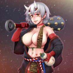 Rule 34 | 1girl, animal print, breasts, brown eyes, clip studio paint (medium), commentary request, earrings, grin, highres, holding, holding weapon, horiishi horuto, horns, japanese clothes, jewelry, kimono, large breasts, navel, navel piercing, oni, original, piercing, pointy ears, revision, setsubun, short hair, smile, solo, weapon
