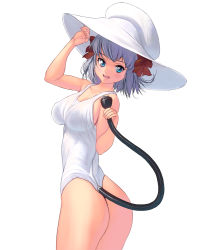 Rule 34 | 1girl, ass, bare arms, bare shoulders, blue eyes, bow, breasts, cable, cable tail, cowboy shot, electric plug, female focus, hair bow, hat, kouno (masao), large breasts, light purple hair, looking at viewer, mechanical tail, one-piece swimsuit, open mouth, original, personification, school swimsuit, smile, solo, swimsuit, tail, white one-piece swimsuit, white school swimsuit
