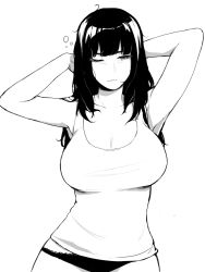 Rule 34 | 1girl, blunt bangs, breasts, cleavage, commentary, english commentary, greyscale, highres, large breasts, long hair, lynus, messy hair, monochrome, naoko-san, no pants, one eye closed, original, panties, simple background, sleepy, solo, standing, stretching, tank top, underwear, upper body, white background