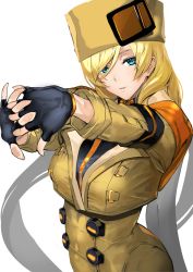 Rule 34 | 1girl, ashiomi masato, blonde hair, blue eyes, guilty gear, guilty gear strive, hat, hay, looking at viewer, millia rage, portrait, smile, solo focus, stretching, yellow headwear