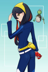 Rule 34 | 1girl, absurdres, ass, black hair, blue gakuran, blue jacket, carmine (pokemon), colored inner hair, creatures (company), cross-laced clothes, cross-laced sleeves, crossed bangs, game freak, gloves, hairband, highres, holding, holding poke ball, jacket, long hair, mole, mole under eye, multicolored hair, nintendo, poke ball, poke ball (basic), pokemon, pokemon sv, poltchageist, red gloves, streaked hair, two-tone hair, yellow bag, yellow eyes, yellow hairband, yuu (jgvj7873)
