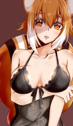 Rule 34 | 1girl, absurdres, animal ears, bare shoulders, black dress, blazblue, breasts, breasts apart, brown eyes, brown hair, chukachuka, cleavage, collarbone, dress, hair between eyes, hand on own arm, highres, large breasts, lingerie, makoto nanaya, medium hair, open mouth, shaded face, solo, squirrel ears, squirrel tail, tail, underwear