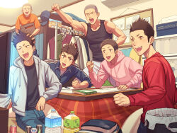 6+boys air_conditioner baseball_cap bed black_hair black_shirt black_tank_top blue_jacket blue_pants bottle brown_eyes brown_hair bunk_bed can clenched_hand clothes_hanger dorm drawstring energy_drink hat hood hood_down hoodie indoors jacket kotatsu male_focus multiple_boys notebook open_mouth orange_shirt original pants pen pin_board pink_hoodie raised_fist red_shirt shaved_head shirt shoe_box short_hair sitting spiked_hair table tank_top tettabuzz textbook toned toned_male track_jacket trash_bin unworn_jacket v-shaped_eyebrows watching_television water_bottle white_pants white_shirt