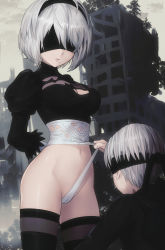 Rule 34 | 1boy, 1girl, 2b (nier:automata), 9s (nier:automata), arms behind back, black blindfold, black hairband, black shirt, black thighhighs, blindfold, breasts, cameltoe, cleavage cutout, clothing cutout, commentary request, feather-trimmed sleeves, frontal wedgie, hairband, hetero, highres, juliet sleeves, legs apart, leotard, leotard lift, lifting another&#039;s clothes, long sleeves, medium breasts, mole, mole under mouth, nanikairu, navel, nier:automata, nier (series), outdoors, paid reward available, parted lips, post-apocalypse, puffy sleeves, ruins, shirt, short hair, standing, thighhighs, wedgie, white hair, white leotard