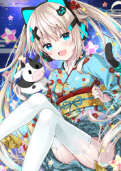 Rule 34 | 1girl, :d, animal ear headphones, animal ears, blonde hair, blue eyes, blue kimono, cat ear headphones, cat ears, cat hair ornament, commentary request, egasumi, fake animal ears, fang, floral print, garter straps, hair between eyes, hair ornament, headphones, indie virtual youtuber, japanese clothes, kimono, long hair, long sleeves, looking at viewer, new year, obi, open mouth, print kimono, sash, smile, solo, thighhighs, twintails, uchuuneko, uchuuneko (vtuber), very long hair, virtual youtuber, white thighhighs, wide sleeves