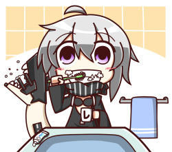 Rule 34 | 10s, 1girl, abyssal ship, ahoge, brushing teeth, chibi, cup, feiton, kantai collection, looking at viewer, monster, purple eyes, re-class battleship, scarf, short hair, silver hair, solo, tail, toothbrush, toothpaste, towel, turret