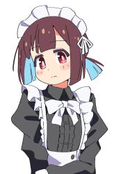 Rule 34 | 1girl, alternate costume, blue hair, blunt bangs, blunt ends, blush, bow, bowtie, brown hair, center frills, colored inner hair, commentary, enmaided, frills, frown, highres, hozuki momiji, long sleeves, looking at viewer, maid, maid headdress, multicolored hair, noyama takenoko, onii-chan wa oshimai!, red eyes, short hair, short ponytail, simple background, solo, two-tone hair, upper body, white background, white bow, white bowtie