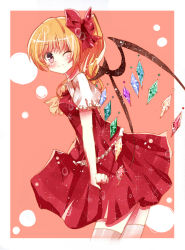 Rule 34 | 1girl, ;), ascot, blonde hair, blush, bow, crystal, dress, embodiment of scarlet devil, female focus, flandre scarlet, hair bow, highres, no headwear, no headwear, aged up, one eye closed, pink eyes, ponytail, potten, red dress, short hair, side ponytail, skirt, skirt set, smile, solo, thighhighs, touhou, white thighhighs, wings, wink