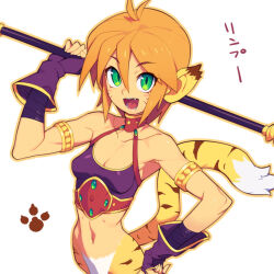 Rule 34 | 1girl, :d, animal ears, breasts, breath of fire, breath of fire ii, cleavage, collarbone, commentary request, fangs, fingerless gloves, gloves, green eyes, hair between eyes, holding, holding polearm, holding weapon, looking at viewer, metata, navel, open mouth, orange hair, polearm, purple eyes, rinpoo chuan, short hair, simple background, small breasts, smile, solo, tail, tiger ears, tiger girl, tiger tail, weapon, white background