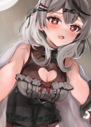 1girl bare_shoulders black_bow black_bowtie black_dress black_hair black_skirt blush bow bowtie breasts center-flap_bangs center_frills check_commentary cleavage cleavage_cutout clothing_cutout commentary commentary_request double-parted_bangs dress fang frilled_dress frilled_shirt frills grey_hair grey_shirt hair_ornament hairclip heart heart-shaped_pupils heart_cutout high-waist_skirt hololive incoming_hug large_breasts looking_at_viewer lying medium_hair miniskirt multicolored_hair no_coat official_alternate_costume official_alternate_hairstyle on_back on_floor open_mouth overskirt reaching reaching_towards_viewer red_eyes sakamata_chloe sakamata_chloe_(jirai_kei) see-through_clothes see-through_dress see-through_skirt_layer shirt skirt sleeveless sleeveless_dress sleeveless_shirt solo streaked_hair symbol-shaped_pupils uuji virtual_youtuber wavy_hair x_hair_ornament