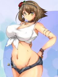 Rule 34 | 10s, 1girl, bare shoulders, blush, bracelet, breasts, brown hair, collar, covered erect nipples, curvy, female focus, flower, green eyes, groin, hair ornament, hairband, jewelry, kantai collection, large breasts, mutsu (kancolle), navel, nenngajyoh, no panties, pants, puffy nipples, rose, short hair, shorts, simple background, solo, standing, tank top, wide hips, wristband