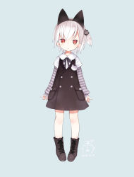 Rule 34 | 10s, 1girl, 2016, animal ears, arms at sides, bad id, bad pixiv id, black ribbon, black skirt, blue background, boots, brown footwear, buttons, capriccio, cat ears, child, dated, fake animal ears, full body, hairband, hibanar, kaburi chiko, knee boots, long sleeves, looking at viewer, no socks, original, paw hair ornament, pocket, red eyes, ribbon, short hair, silver hair, simple background, skirt, solo, striped, striped sleeves