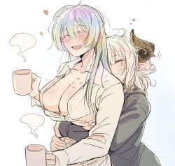 Rule 34 | 2girls, bite mark, bite mark on shoulder, black jacket, blush, breasts, cleavage, closed eyes, collarbone, collared shirt, cup, cupitan (granblue fantasy), granblue fantasy, grey hair, heart, hickey, highres, holding, holding cup, horns, hug, hug from behind, jacket, jingo kajiki, large breasts, long hair, long sleeves, multicolored hair, multiple girls, partially unbuttoned, rainbow hair, shirt, short hair, sidelocks, squeans, standing, steam, tristette (granblue fantasy), upper body, white background, white shirt, yuri