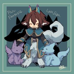 Rule 34 | 1boy, animal, animal ear fluff, animal ears, belt, black gloves, blue capelet, brown belt, brown hair, capelet, centauroid, claws, closed eyes, coat, collared capelet, full body, gloves, grey background, grey fur, hair between eyes, horns, inumimi-syndrome, long sleeves, male focus, monster boy, open mouth, petting, pixiv fantasia, pixiv fantasia last saga, short eyebrows, short hair, signature, sitting, solo, tail, taur, wolf, wolf boy, wolf ears, wolf tail