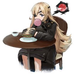 Rule 34 | 1girl, black dress, black gloves, black skirt, blonde hair, blue eyes, chair, cropped legs, dress, eyepatch, food, food in mouth, gloves, goddess of victory: nikke, guillotine (nikke), half gloves, highres, holding, long hair, looking at viewer, military uniform, moon, mouth hold, o o k i n a, red moon, sandwich, simple background, sitting, skirt, solo, table, uniform, wavy hair, white background
