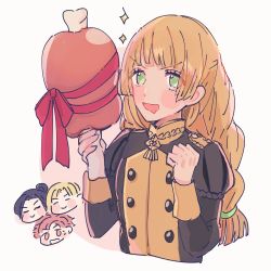 Rule 34 | 1girl, 3boys, black hair, blonde hair, boned meat, braid, buttons, clenched hand, closed mouth, dimitri alexandre blaiddyd, drooling, closed eyes, felix hugo fraldarius, fire emblem, fire emblem: three houses, food, garreg mach monastery uniform, gift, green eyes, highres, holding, holding food, ingrid brandl galatea, long hair, long sleeves, low-tied long hair, meat, multiple boys, nintendo, open mouth, red hair, ribbon, short hair, simple background, smile, solo focus, sparkle, sylvain jose gautier, uniform, upper body, white background, yumeutux