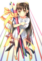 Rule 34 | 1girl, absurdres, bare legs, blush, brown eyes, brown hair, collarbone, colored pencil, dress, from above, highres, kantoku, long hair, looking at viewer, looking up, nagisa (kantoku), hugging object, original, oversized object, pencil, ribbon, skirt, smile, solo, two side up, white dress, white skirt