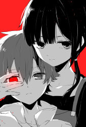 Rule 34 | 1boy, 1girl, amamiya hibiya, asahina hiyori, expressionless, glowing, glowing eye, hand on another&#039;s face, heterochromia, highres, kagerou project, long hair, looking at viewer, monochrome, portrait, red background, red eyes, short hair, twintails