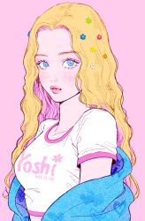 Rule 34 | 1girl, artist name, blonde hair, blue eyes, closed mouth, colored inner hair, crop top, dated, highres, long hair, looking at viewer, multicolored hair, original, pink background, pink hair, shirt, short sleeves, solo, streaked hair, two-tone hair, upper body, white shirt, yoshino ganko