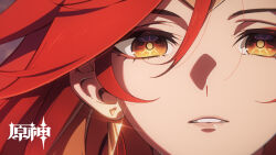 1girl chinese_commentary close-up earrings genshin_impact highres jewelry looking_at_viewer mavuika_(genshin_impact) multicolored_hair official_art open_mouth orange_eyes orange_hair orange_pupils parted_lips red_hair sun_earrings sunburst_iris two-tone_eyes two-tone_hair