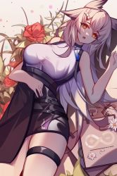 Rule 34 | 1girl, arknights, bare shoulders, black skirt, breasts, bright pupils, cowboy shot, diamond-shaped pupils, diamond (shape), flower, grey hair, grey shirt, hand up, high-waist skirt, highres, large breasts, long hair, looking at viewer, lying, on back, open mouth, orange eyes, owl ears, ptilopsis (arknights), red flower, rhine lab logo, shirt, shirt tucked in, skirt, sleeveless, sleeveless shirt, solo, symbol-shaped pupils, thigh strap, thighs, triangle mouth, vsa (xmj173178), white pupils