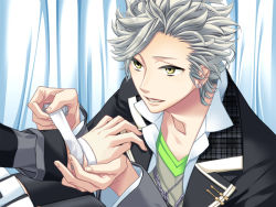 Rule 34 | 1boy, 1girl, bandages, collarbone, curtains, game cg, green eyes, nanami kanata, silver hair, solo focus, starry sky (game), upper body