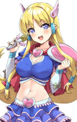 Rule 34 | 1girl, armor, artist request, blonde hair, blue eyes, blue skirt, bobobo-bo bo-bobo, breasts, capelet, cleavage, commentary request, cowboy shot, crop top, denbo, heart, highres, holding, holding microphone, large breasts, layered skirt, long hair, looking at viewer, low-tied sidelocks, microphone, midriff, namamoto, navel, open mouth, pauldrons, red capelet, shoulder armor, skirt, smile, source request, thighhighs, wing hair ornament