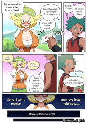 Rule 34 | 1boy, 1girl, :d, bianca (pokemon), blonde hair, blush, breasts, character request, cleavage, confession, creatures (company), dark-skinned male, dark skin, day, english text, everyday2, game freak, glasses, green eyes, green hair, green hat, hat, hetero, holding, holding removed eyewear, huge breasts, letter, love letter, medium hair, nintendo, open mouth, orange vest, outdoors, pokemon, pokemon bw, puffy short sleeves, puffy sleeves, red-framed eyewear, semi-rimless eyewear, shirt, short sleeves, smile, under-rim eyewear, unworn eyewear, vest, white shirt