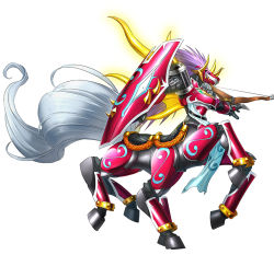 Rule 34 | armor, bandai, bow (weapon), crossbow, digimon, digimon (creature), digimon story: cyber sleuth, full armor, gauntlets, horns, loincloth, monster, multiple legs, no humans, official art, purple eyes, purple hair, red armor, royal knights, shield, simple background, sleipmon, solo, tail, weapon, white background, yasuda suzuhito