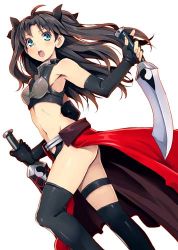 Rule 34 | 1girl, :o, ahoge, archer (fate), archer (fate) (cosplay), armor, armpits, bikini armor, black gloves, black hair, black thighhighs, blue eyes, cosplay, cowboy shot, dual wielding, elbow gloves, fate/stay night, fate (series), fingerless gloves, gloves, holding, holding sword, holding weapon, kanshou &amp; bakuya (fate), long hair, looking at viewer, lowres, midriff, navel, official alternate costume, open mouth, reverse grip, solo, sword, thighhighs, tohsaka rin, tsurugi hagane, two side up, weapon