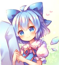 Rule 34 | 1girl, ahoge, arm hug, blue bow, blue eyes, blue hair, blush, bow, cirno, coa (chroo x), commentary request, hair bow, half updo, heart, heart-shaped pupils, large bow, looking at viewer, puffy short sleeves, puffy sleeves, short hair, short sleeves, smile, solo focus, symbol-shaped pupils, touhou, upper body, wings
