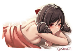 Rule 34 | 1girl, back, bare back, bare shoulders, blush, bow, breasts, brown hair, drill hair, ebifurya, hair bow, harukaze (kancolle), kantai collection, looking at viewer, lying, medium breasts, on stomach, red bow, red eyes, sideboob, smile, solo, twin drills, white background