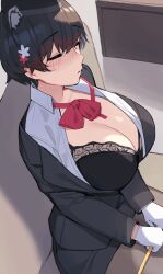 Rule 34 | 1girl, animated, animated gif, black hair, bra, breasts, cleavage, closed eyes, cum, cum on hair, facial, formal, groping breast, huge breasts, nipples, paizuri, pepper0, short hair, sitting, sleeping, slideshow, solo, suit, tagme, tsubaki (blue archive), tsubaki (guide) (blue archive), underwear, undressing, undressing another
