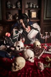 Rule 34 | 1boy, absurdres, apple, armor, black gloves, black hair, blurry, blurry background, book, breastplate, candlestand, cosplay, cosplay photo, cup, drinking glass, fate/grand order, fate (series), food, fruit, gilles de rais (saber) (fate), gloves, hair over one eye, highres, holding, holding food, holding fruit, holding sword, holding weapon, indoors, looking at viewer, male focus, neck tattoo, nori sed, pauldrons, photo (medium), prelati&#039;s spellbook, red apple, short hair, shoulder armor, single pauldron, sitting, skull, solo, sword, tattoo, upper body, weapon, wine glass